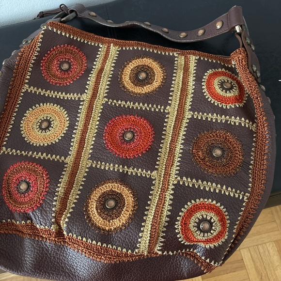 Isabella Fiore Boho Hobo Bucket Bag Crochet Brown Leather - Picture 2 of 4